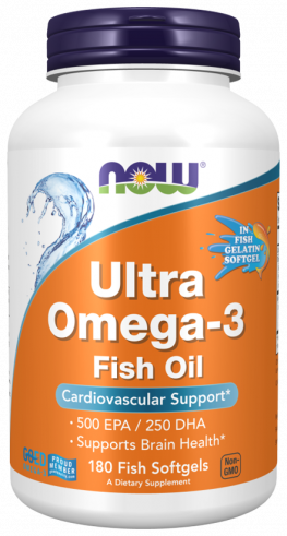NOW Ultra Omega-3 Fish Oil 500 EPA/250 DHA, Ультра Омега-3 Фиш Ойл 500 ЭПК/250 ДГК, 180 капсул